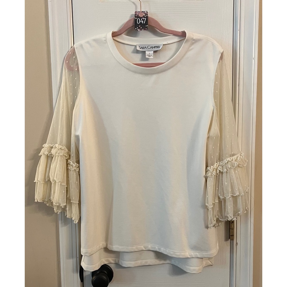 Sara Campbell Womens Off White Ruffle Lace Sleeve Knit Top Size L Made in USA
